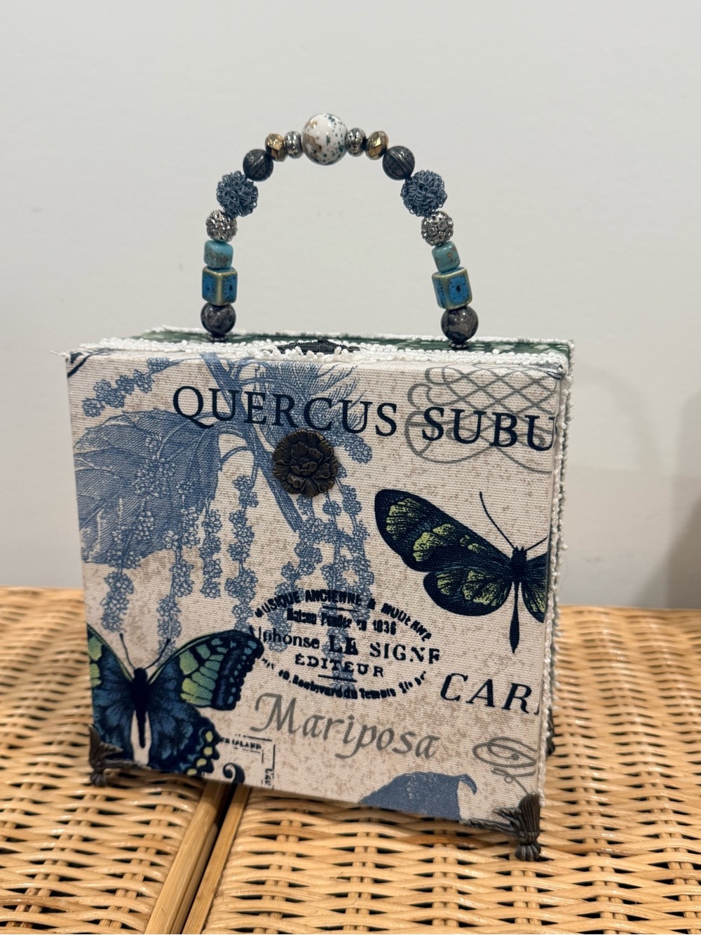 Cigar box Handbag with Blue Butterfly Print - Unbranded